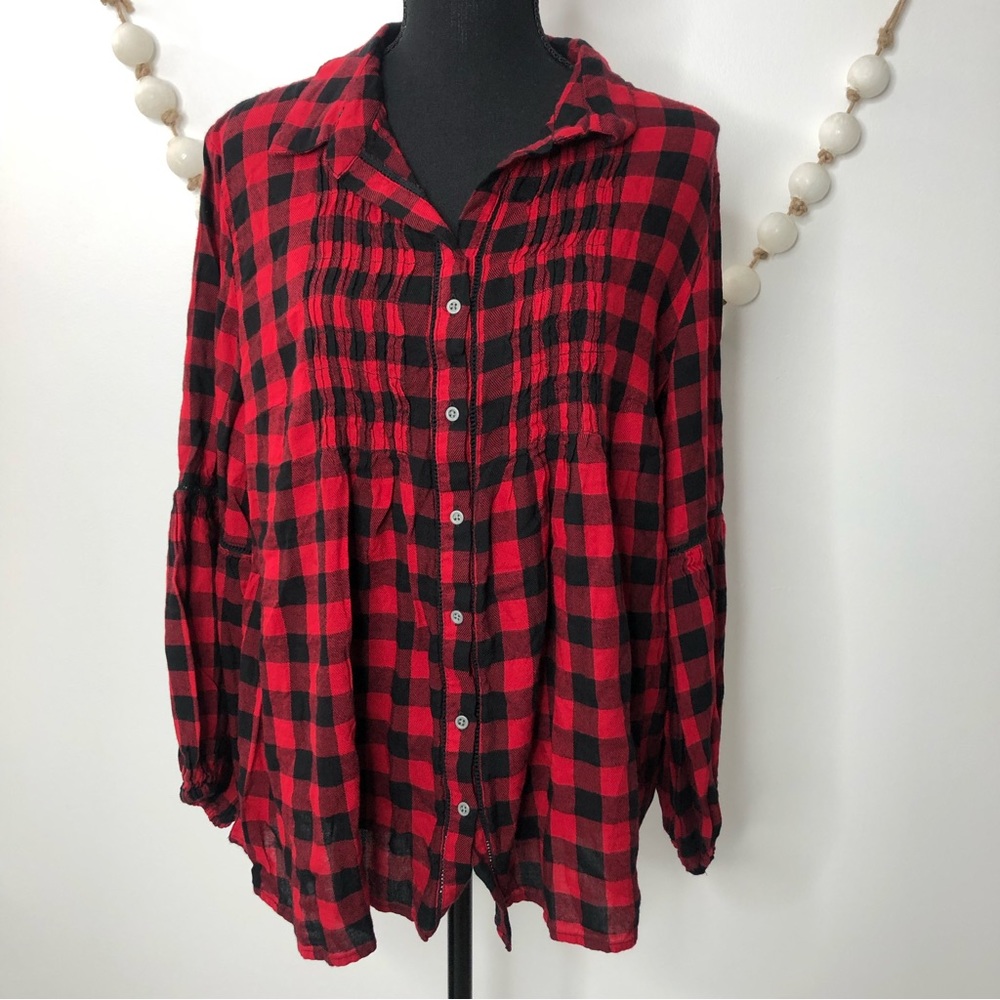 Vintage America Plaid Flowy Pleated Button Up Top Red & Black Womens M